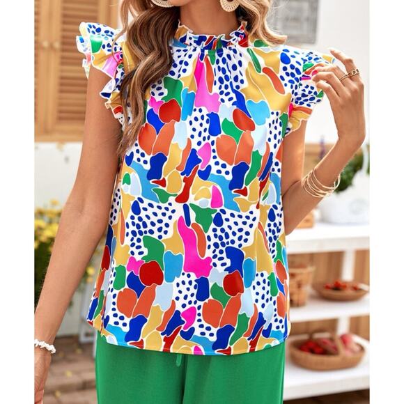 Emery Rose Women’s XL Colorful Short Sleeve Ruffle Top NWT Mock NecK summer - Picture 2 of 11